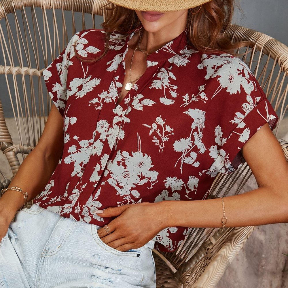 New Floral Print Notched Neck Blouse Burgundy Red